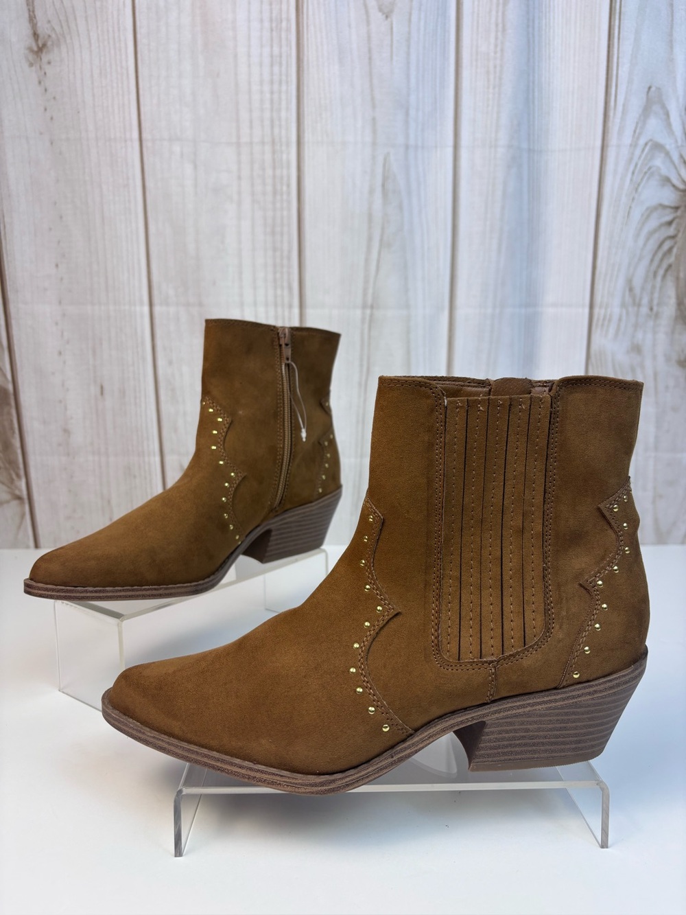 NOBO Bling Western Ankle Boot Studded Faux Suede Cowgirl Boho Booties Tan Size 9
